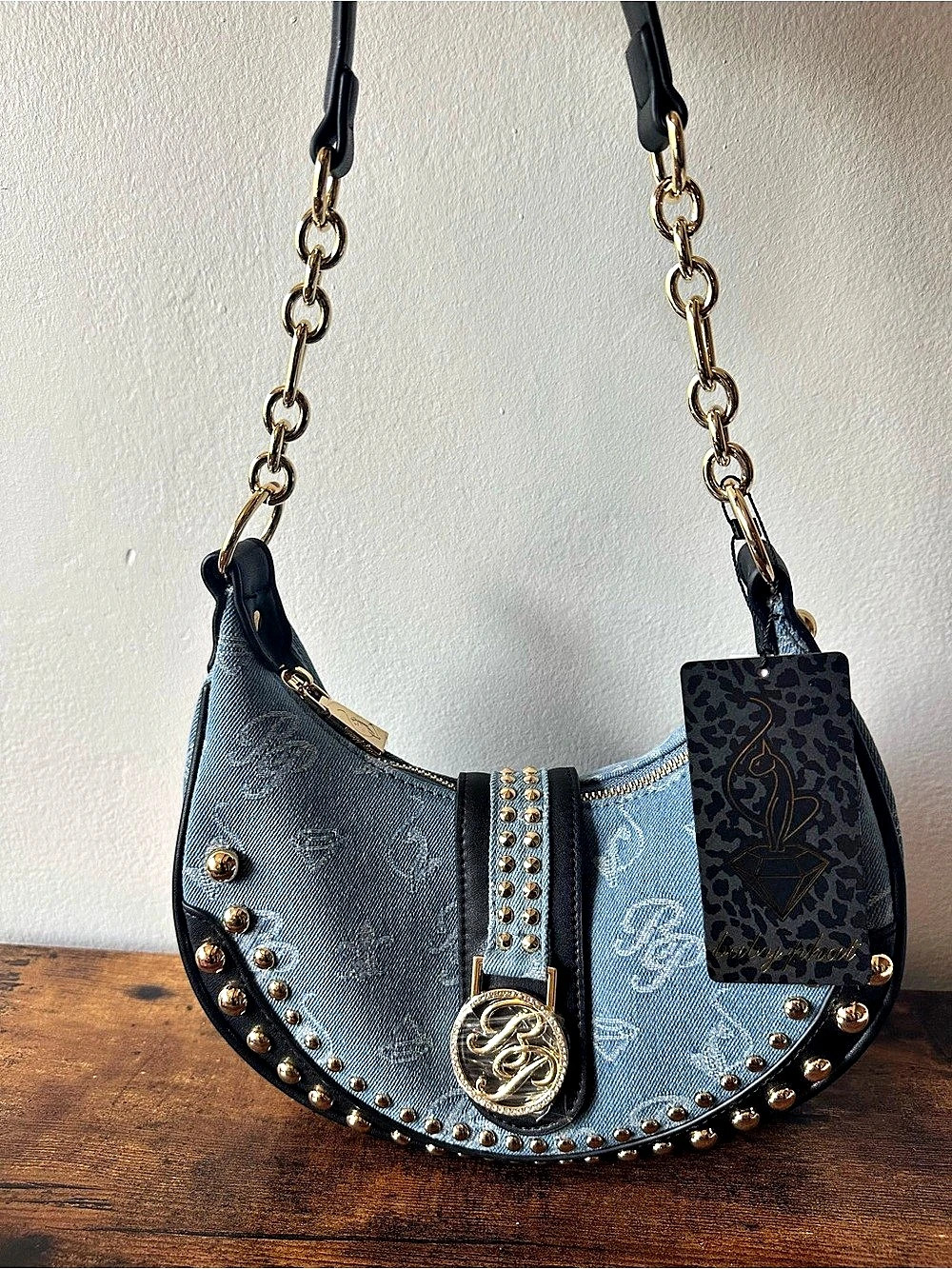 Baby Phat Denim Monogram Gold Studded Shoulder Bag in Blue & Black w/ Gold NWT